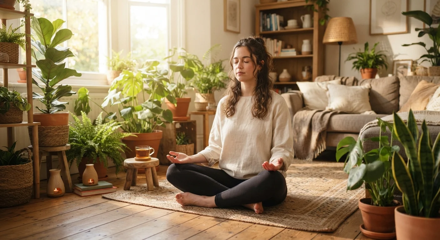 Person sitting peacefully on a sunlit floor practicing mindfulness surrounded by green plants.