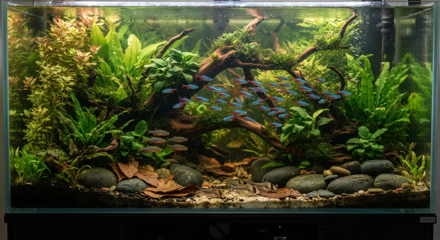 A diverse community fish tank with colorful tropical fish swimming among aquatic plants and driftwood