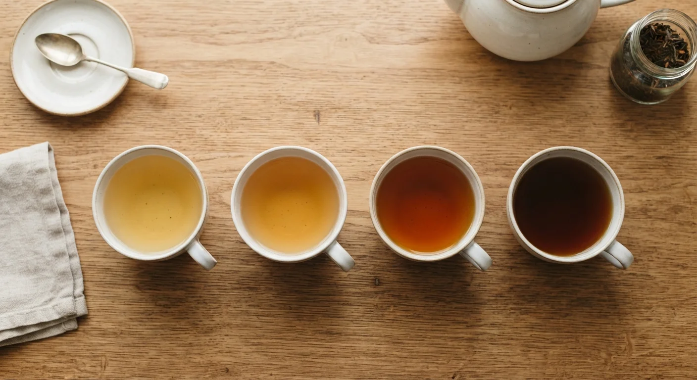 Four cups of tea in different shades from pale white tea to dark black tea arranged side by side