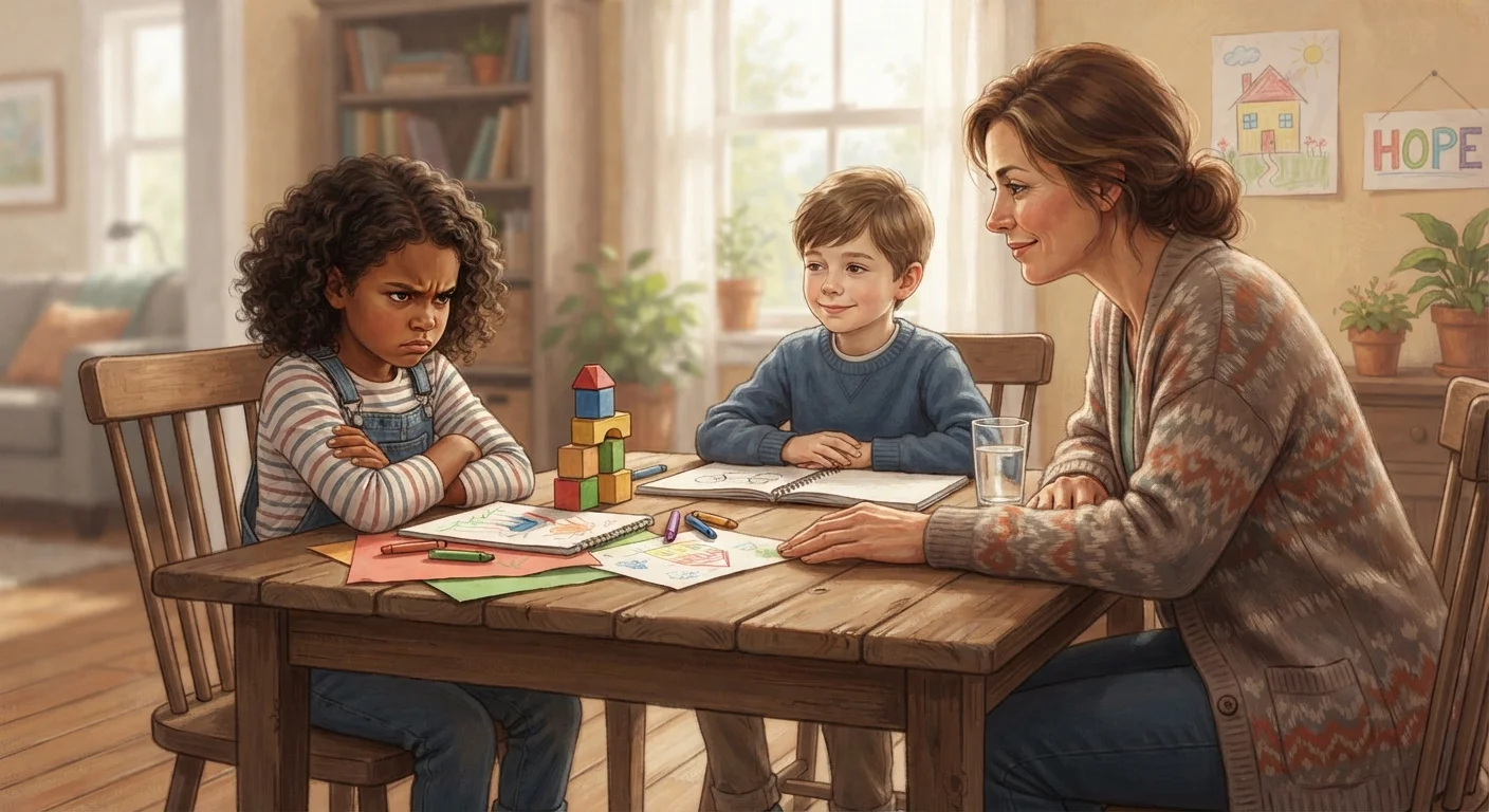 Two children working through a disagreement at a table with an adult nearby