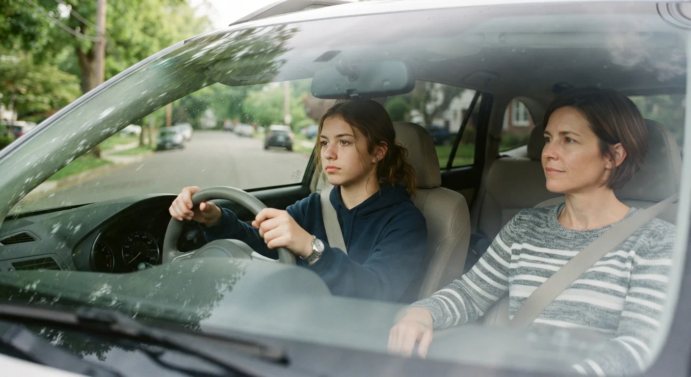 A teenage driver focused on the road with an adult supervising from the passenger seat