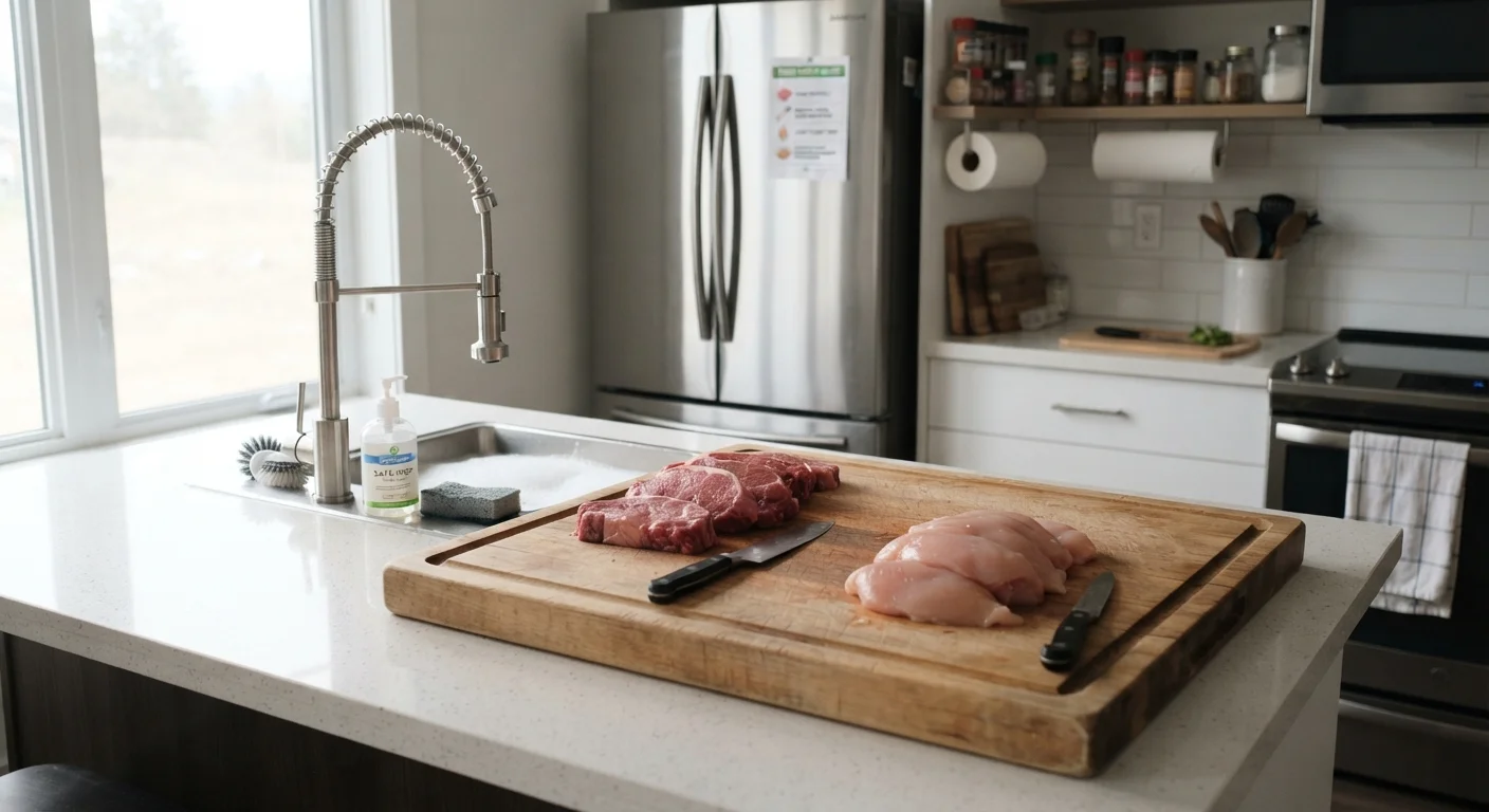 Raw meat portions on a cutting board in a home kitchen ready for safe thawing