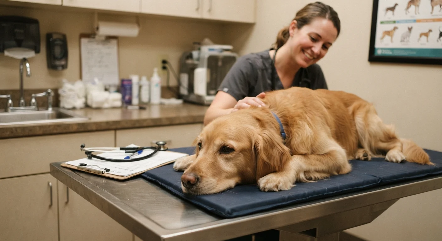 A golden retriever resting on a veterinary exam table during a routine checkup.