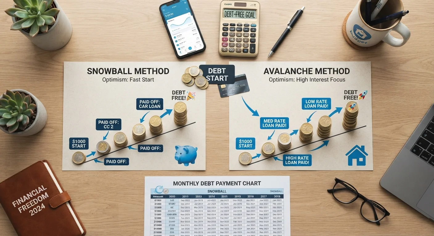 A desk with financial planning tools showing two different debt payoff strategy charts side by side