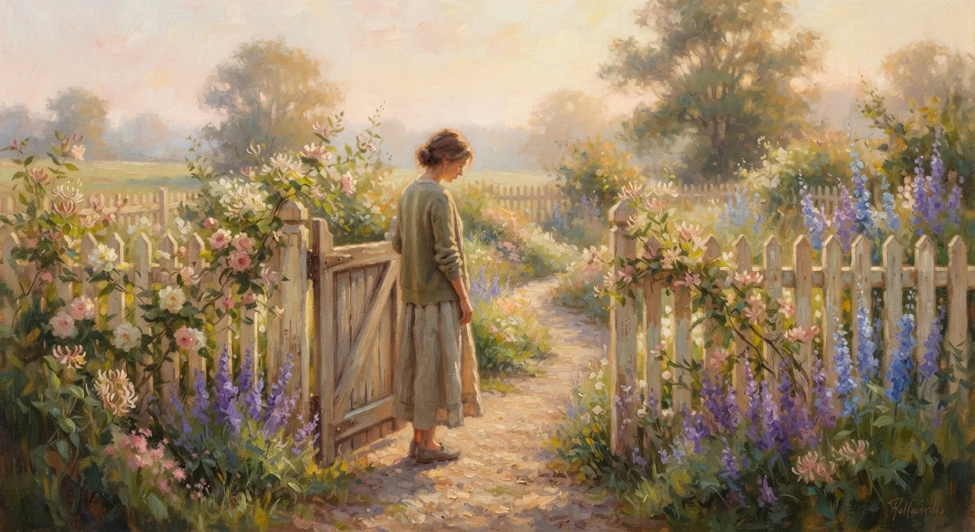 Person at an open garden gate with a low wooden fence in soft morning light