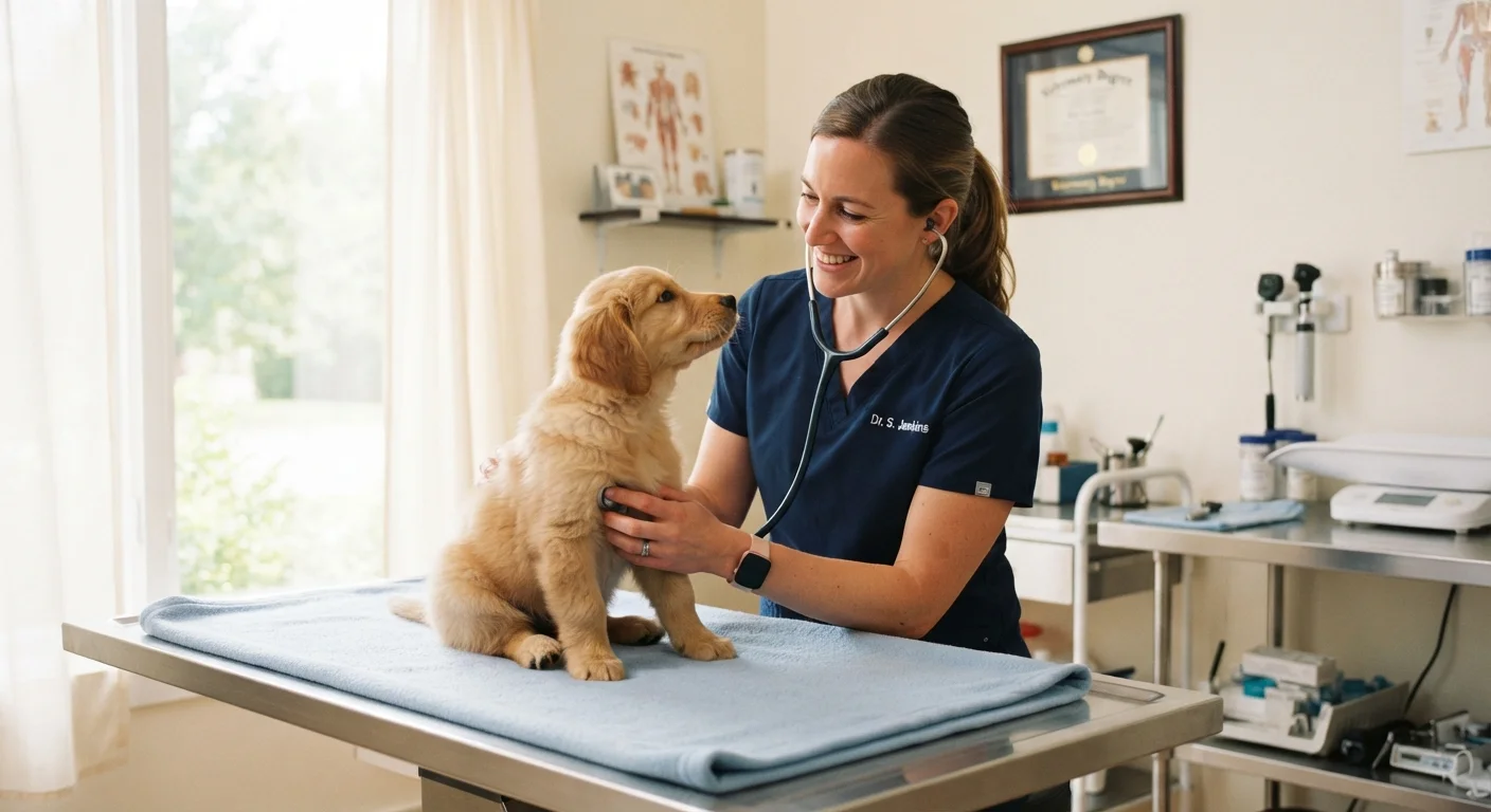 A veterinarian carefully examining a golden retriever puppy on a clinic examination table