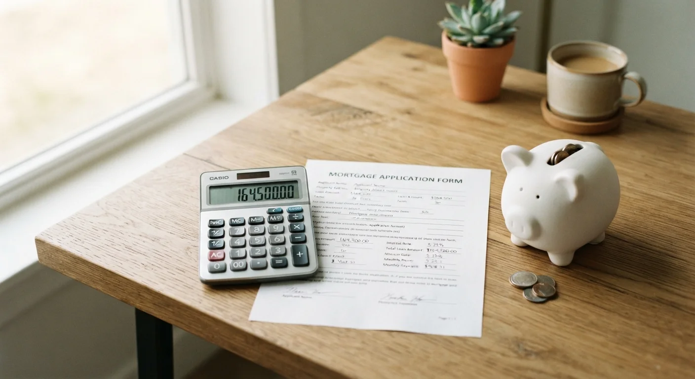 Calculator and mortgage document beside a piggy bank on a wooden desk