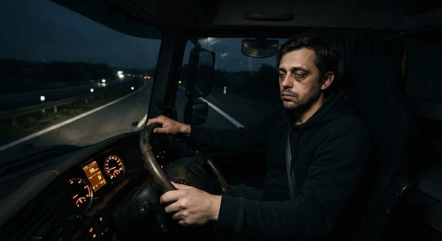 Fatigued driver gripping steering wheel on a dark highway at night