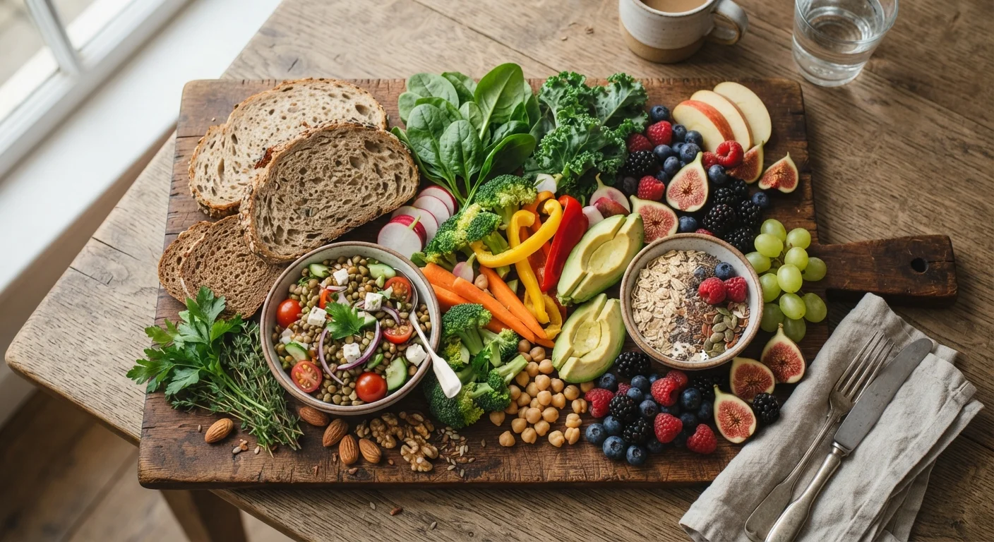 A wooden board displaying a variety of fiber-rich foods including grains, legumes, and fresh vegetables
