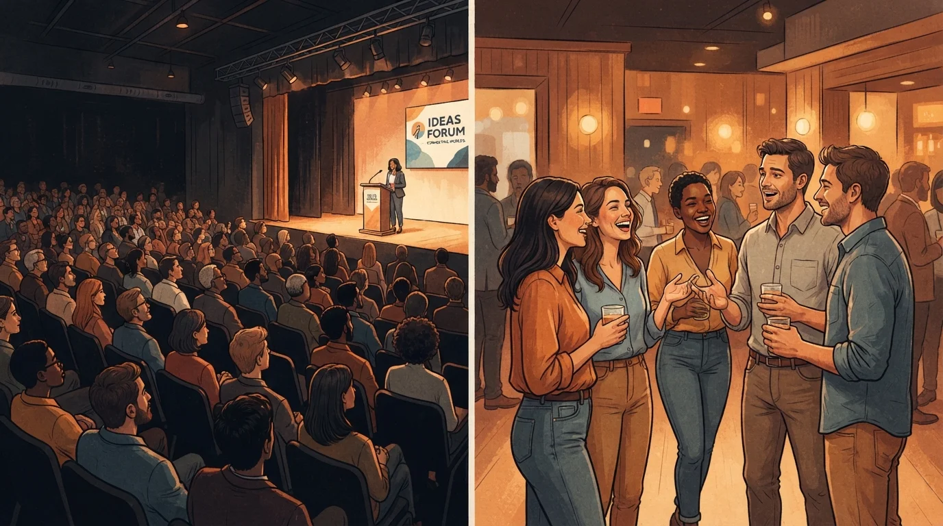 Split scene contrasting a passive audience watching a stage with an engaged community in conversation