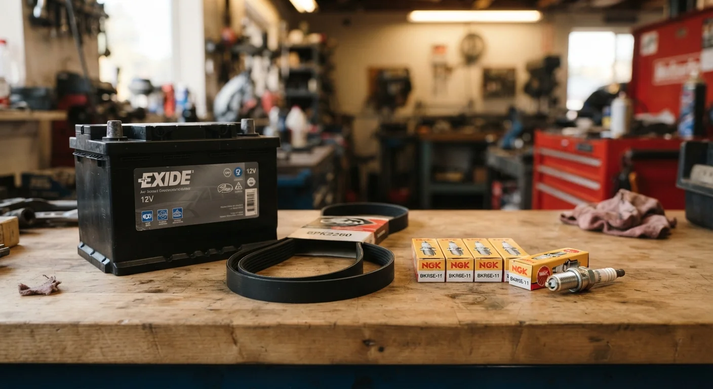 Assorted car parts including spark plugs, a serpentine belt, and a battery on a workbench.