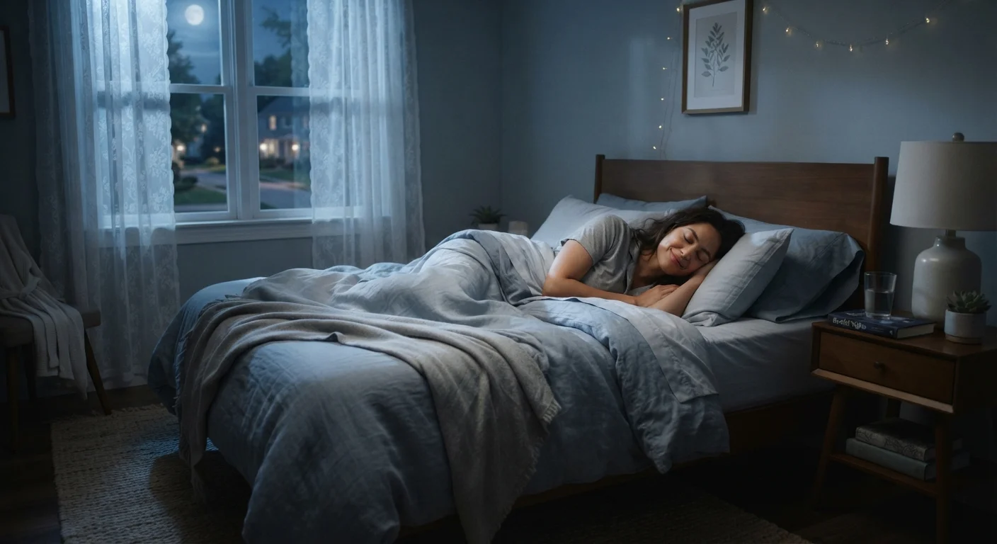 Person resting peacefully in a softly lit bedroom at night, representing the connection between sleep and mental health
