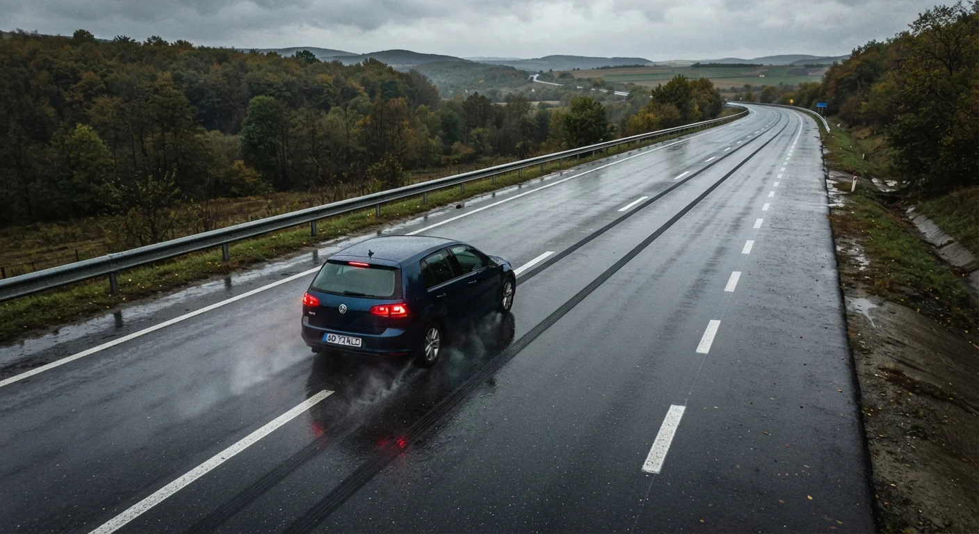 Aerial view of a car braking on a wet road with visible skid marks showing stopping distance