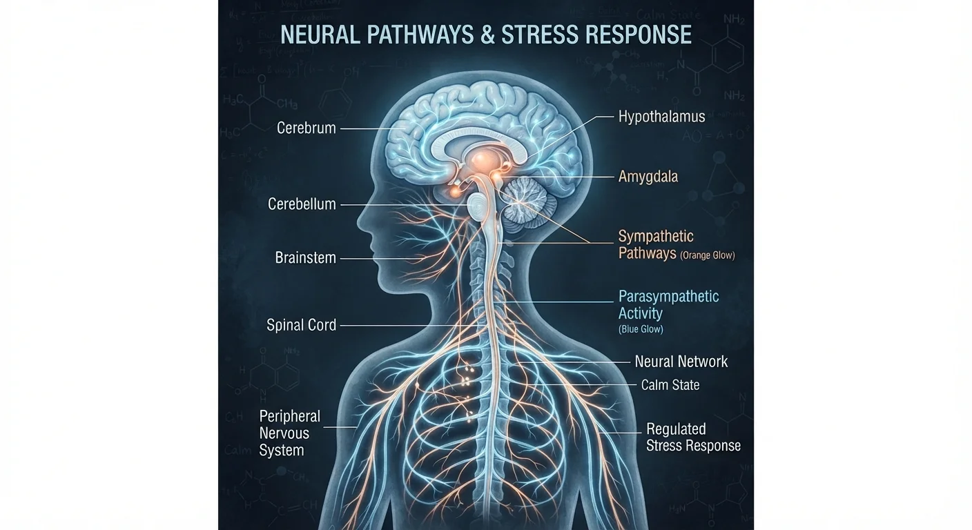 Illustrated cross-section of the human brain showing glowing neural stress pathways in blue and orange