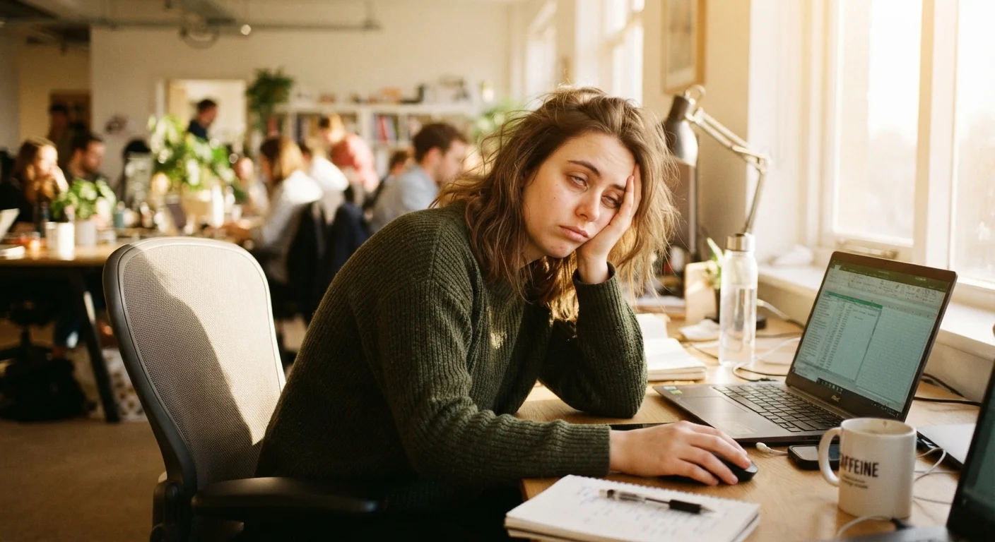 Person slumped at office desk in afternoon light, appearing tired and unfocused