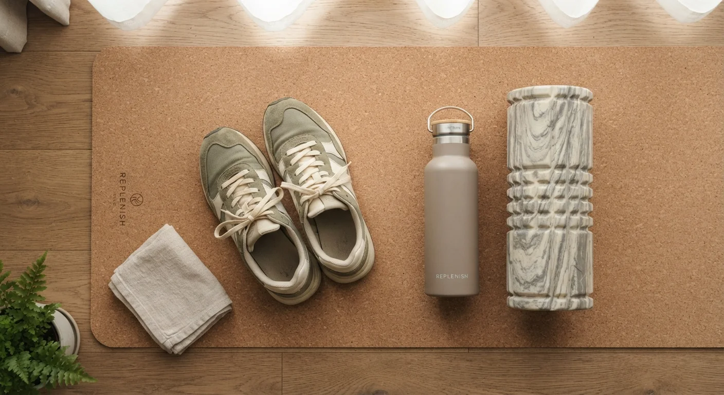 Resting athletic shoes, foam roller, and water bottle on a yoga mat suggesting recovery