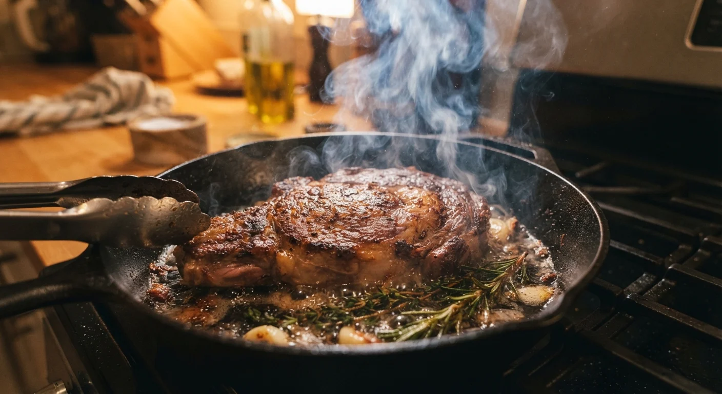 A thick steak developing a golden-brown sear in a hot cast-iron skillet with rising steam