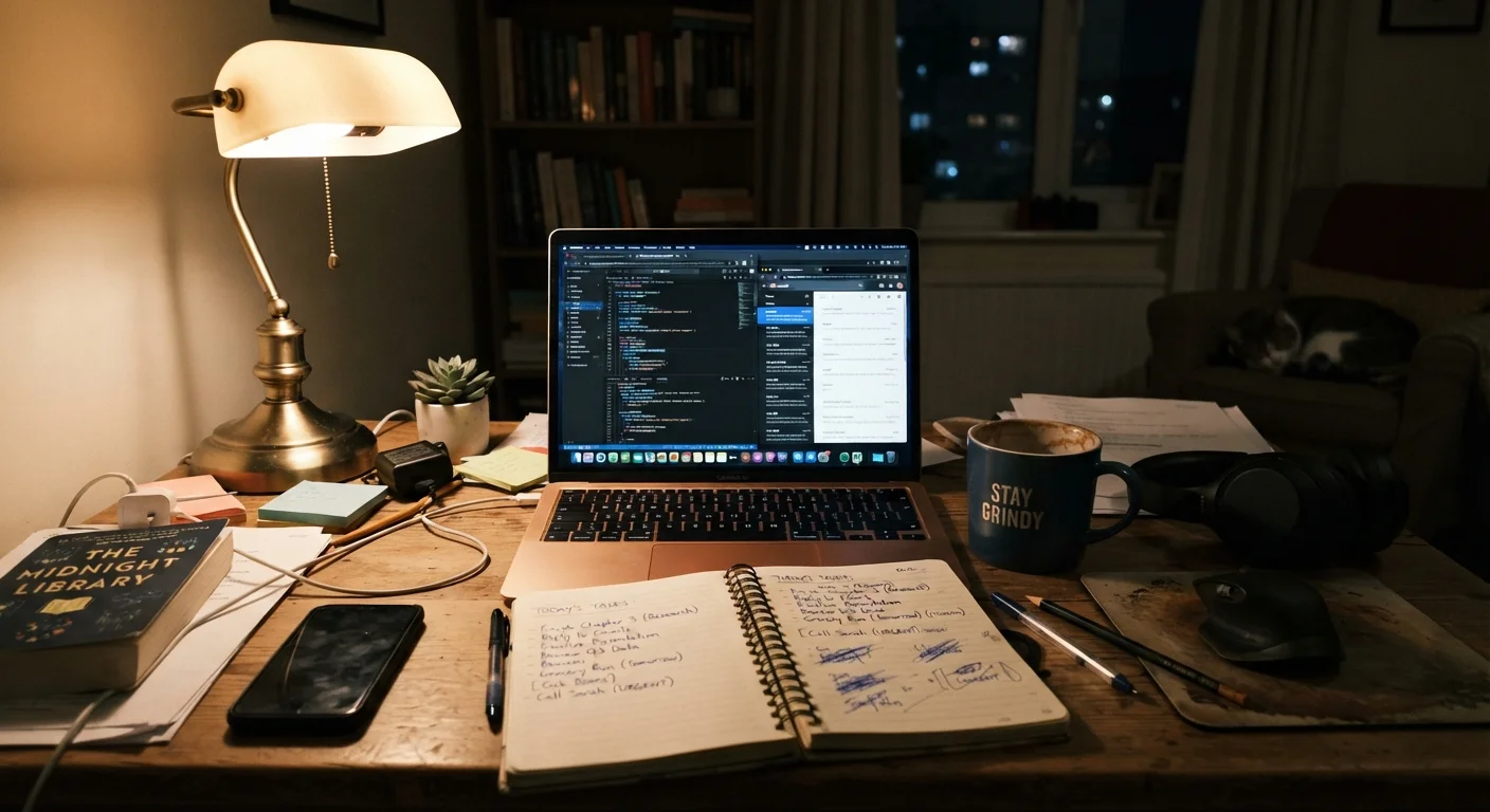 A home desk at night with a laptop, coffee, and handwritten notes suggesting side hustle work