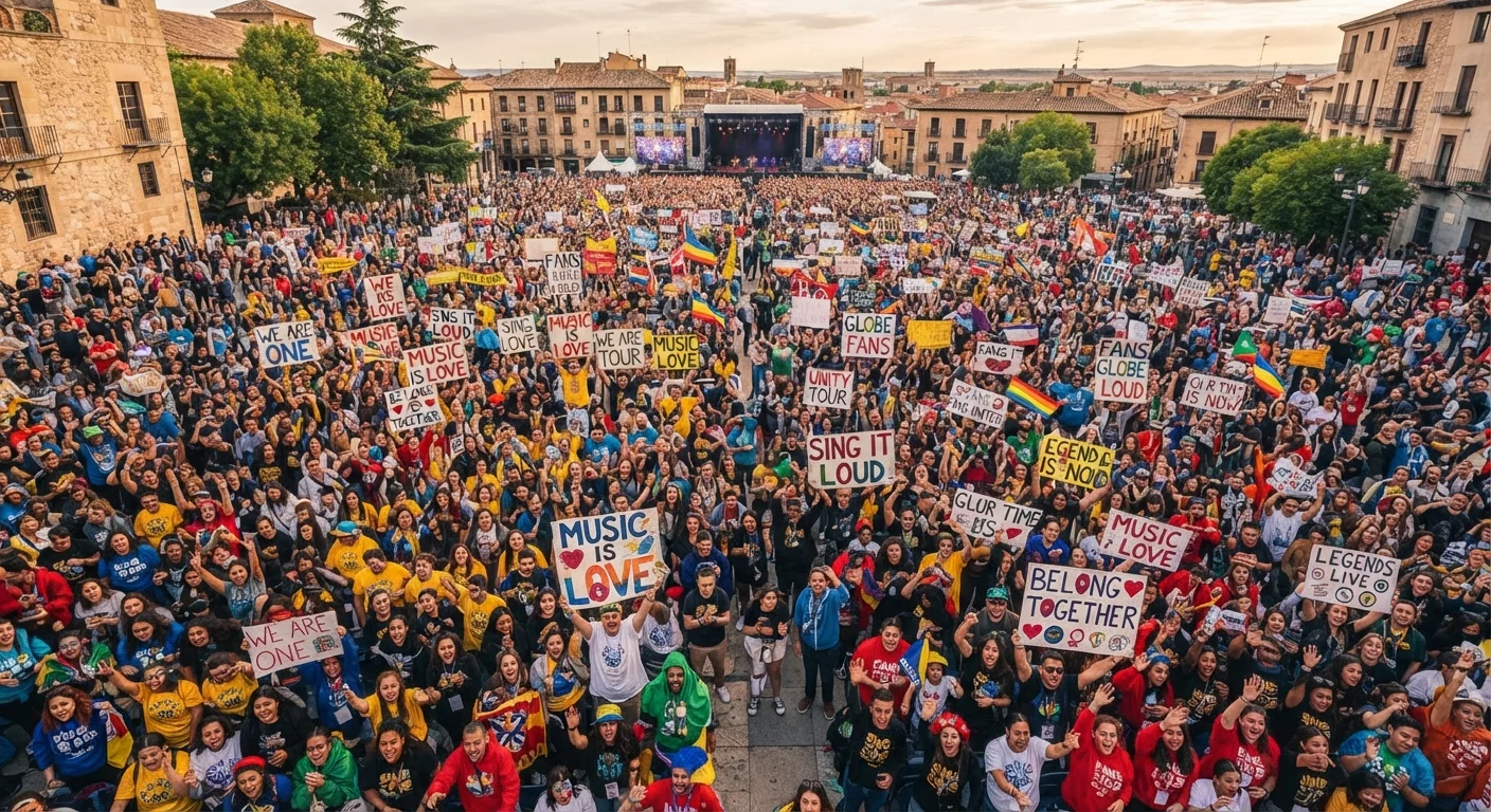 Colorful crowd of fans gathered together wearing themed merchandise at a large event
