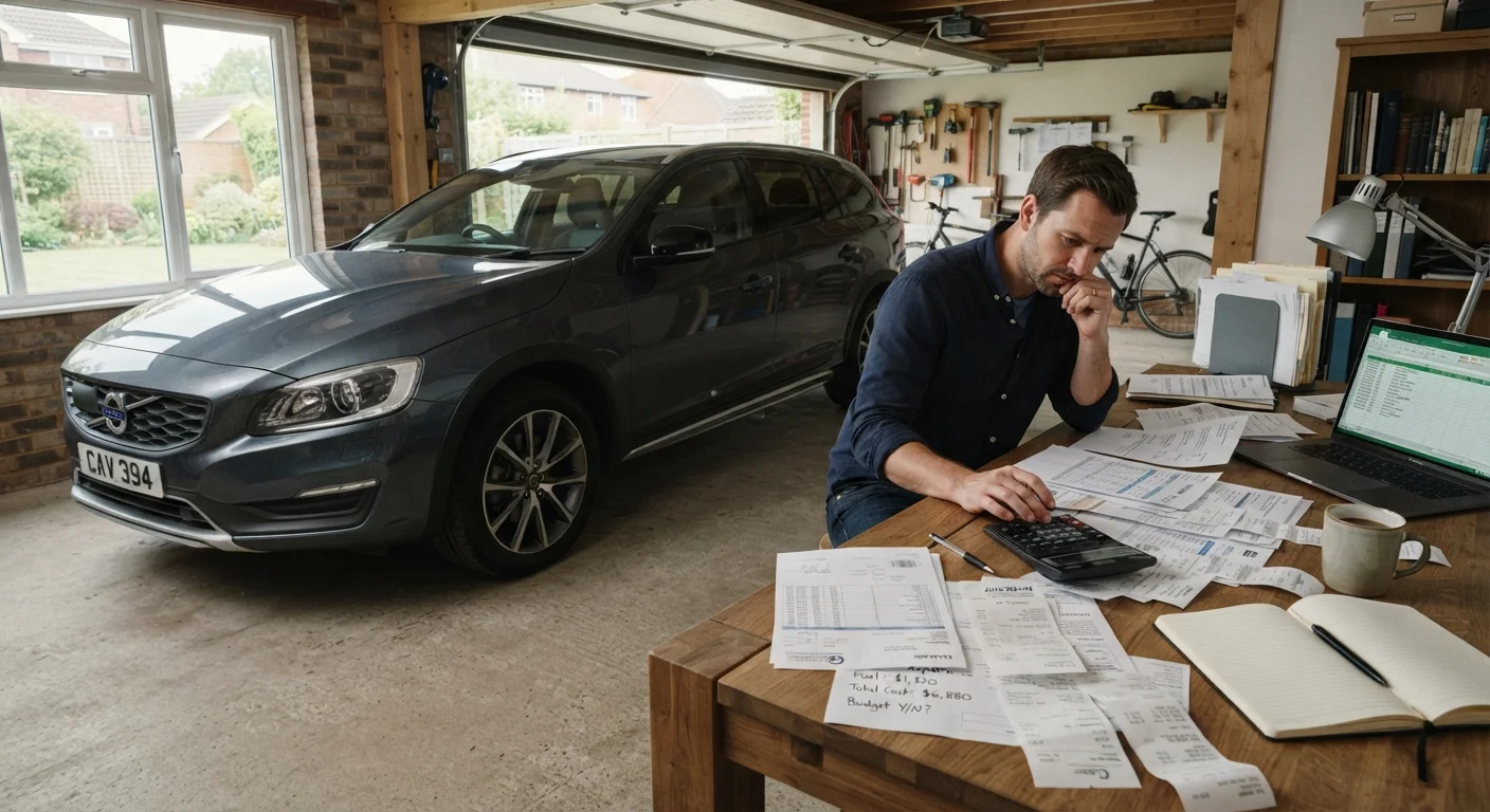 Car parked beside a desk covered with financial documents, receipts, and a calculator