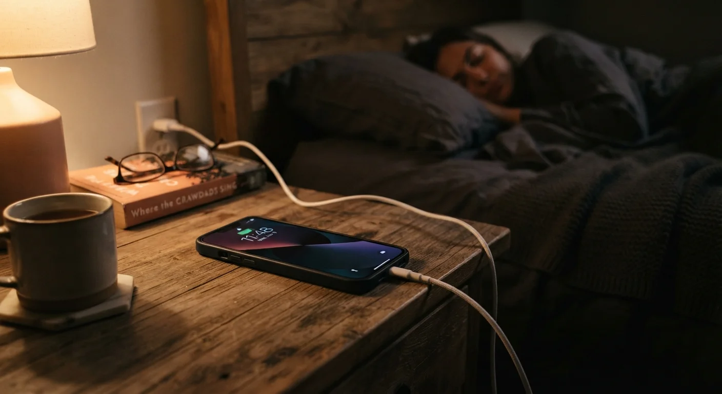 A smartphone charging on a nightstand beside a lamp in a dimly lit bedroom at night