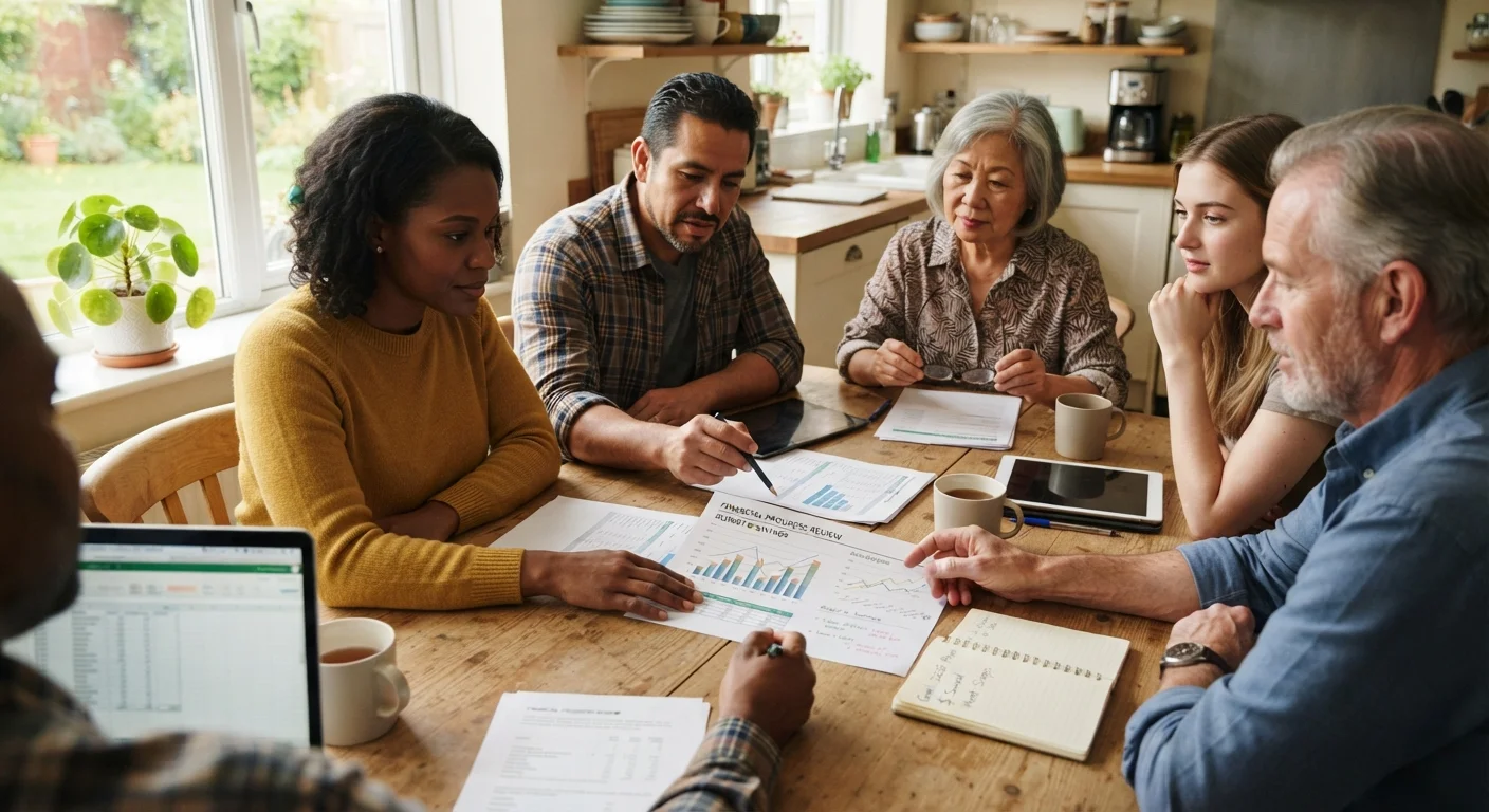 People reviewing investment documents and financial charts at a kitchen table