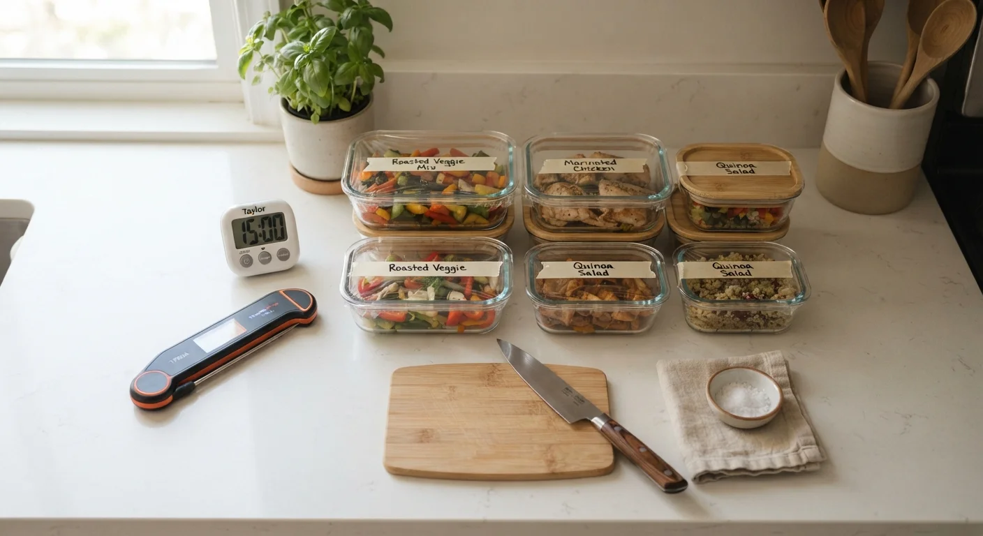 Kitchen counter with a food thermometer, timer, and covered storage containers arranged neatly.