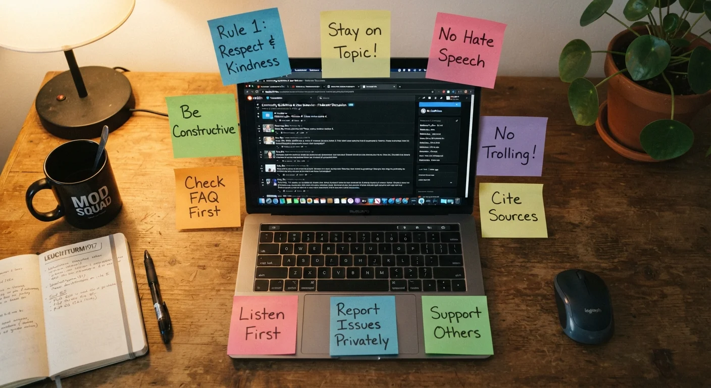 Laptop screen showing an active online forum thread surrounded by handwritten sticky notes