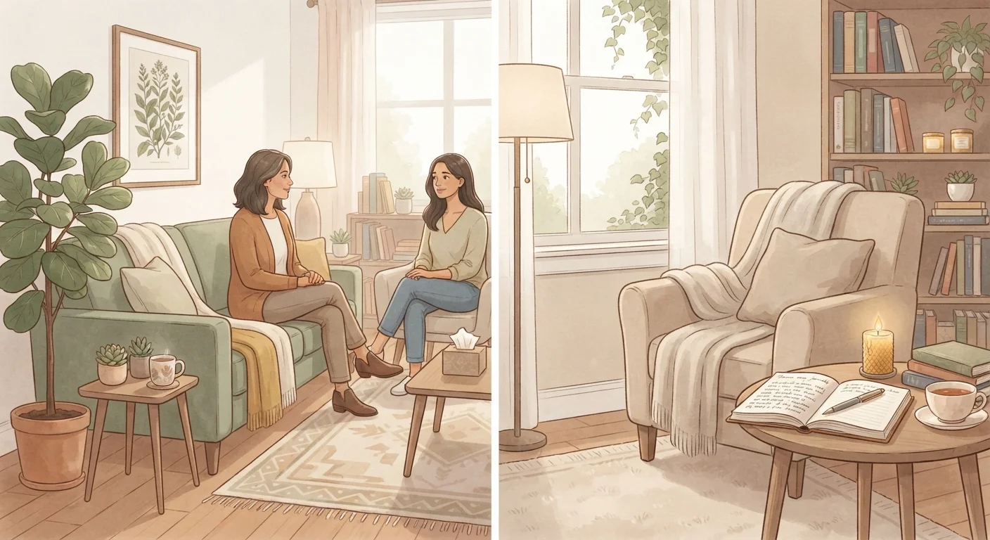 Split image showing a therapy office and a cozy personal self-help reading nook.