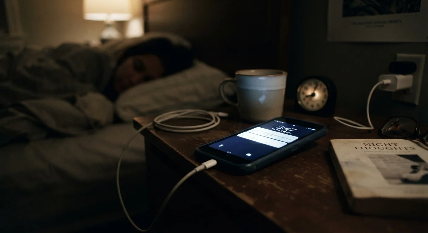 Smartphone plugged in and charging on a nightstand overnight in dim bedroom lighting