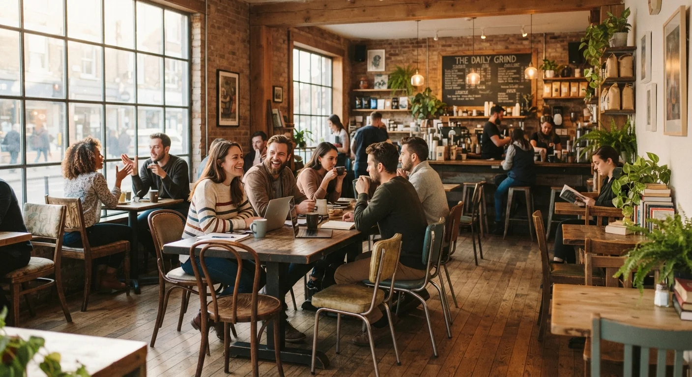 Cozy coffee shop interior with people gathered at tables in warm afternoon light