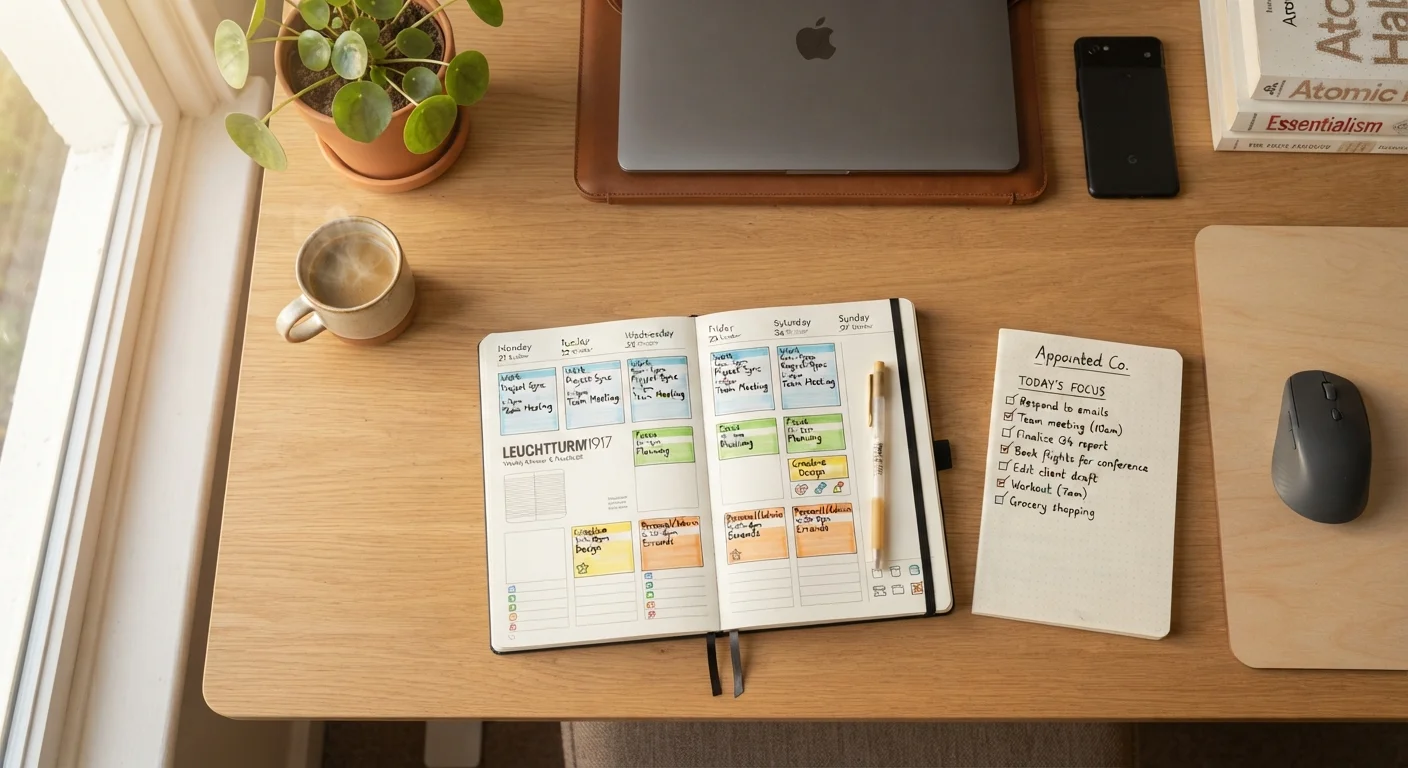 An open planner with color-coded time blocks next to a handwritten task list on a tidy desk.