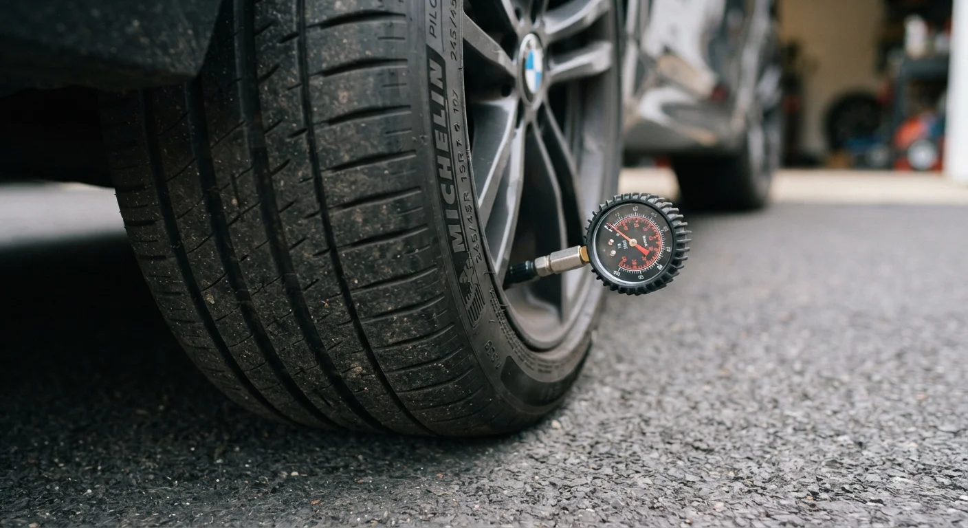 Close-up of a car tire tread with a tire pressure gauge resting against the sidewall