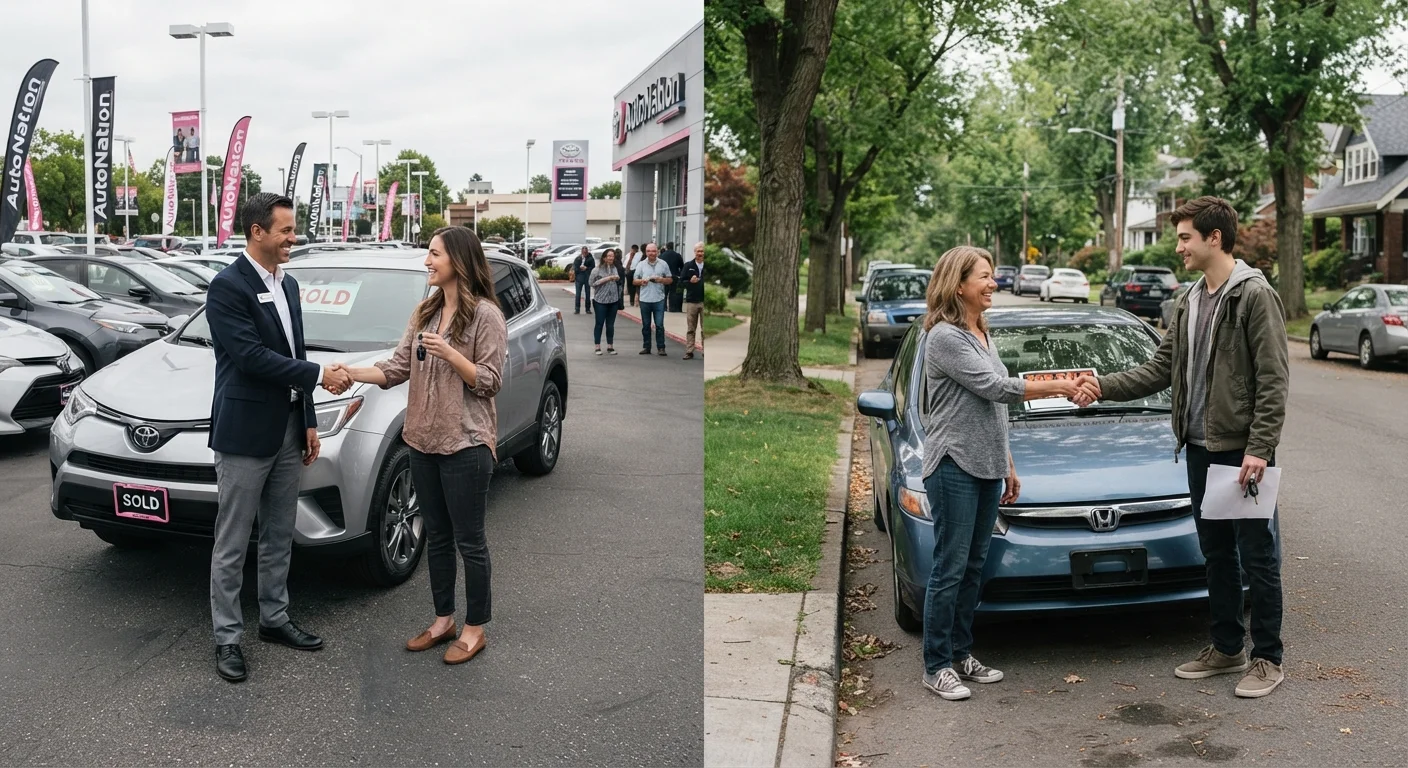 Split image of a dealership trade-in on one side and a private car sale on the other