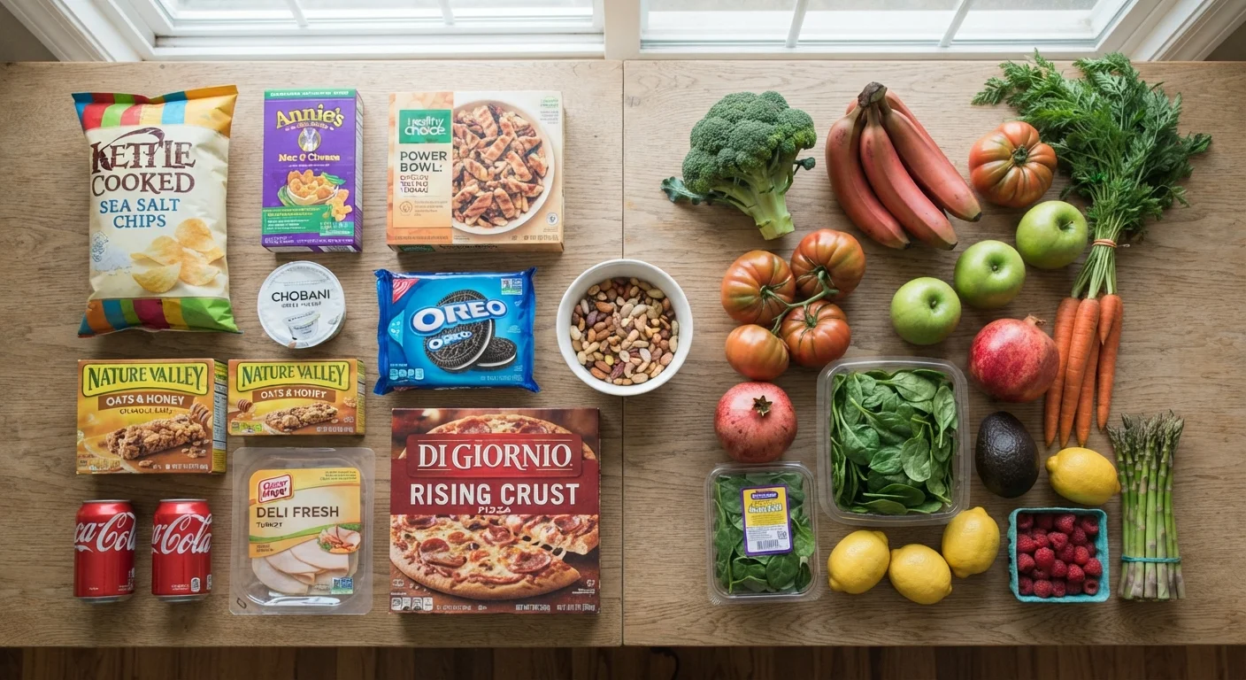 Packaged ultra-processed foods arranged next to fresh whole vegetables and fruits on a neutral surface