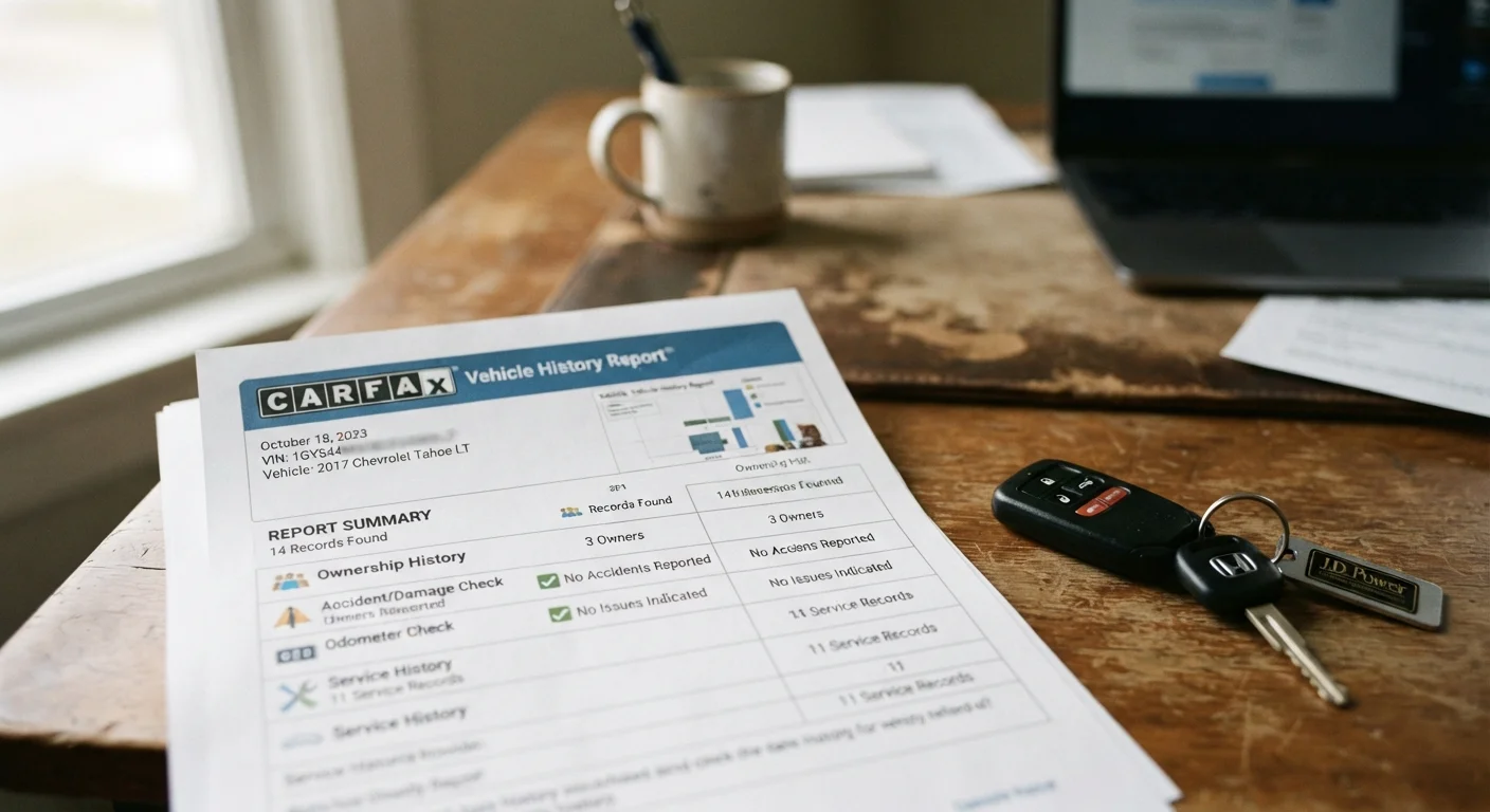 A printed vehicle history report placed on a desk next to a set of car keys
