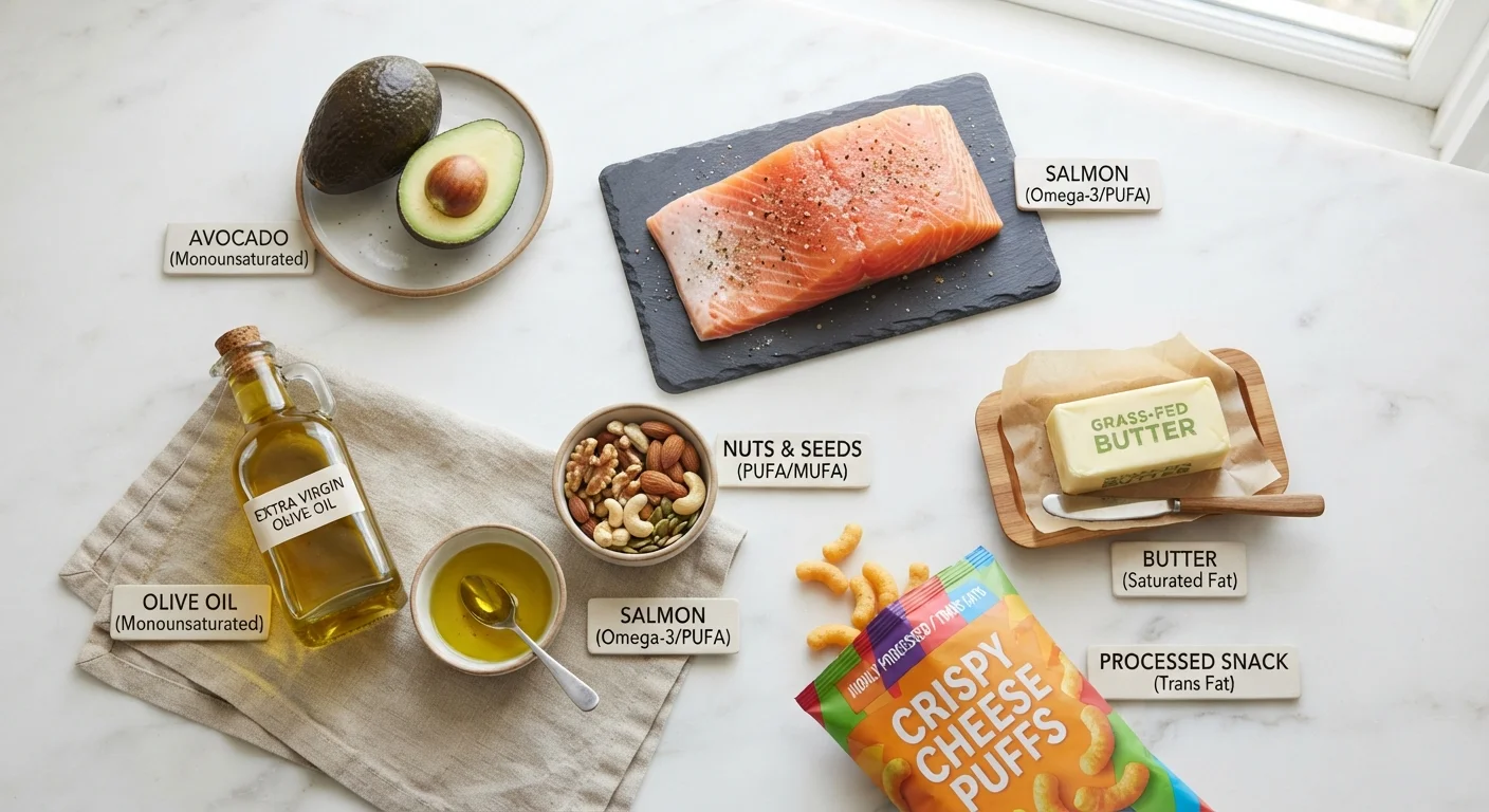 Assortment of foods containing different types of dietary fats arranged on a white surface