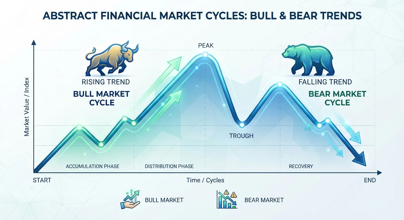 Abstract market cycle chart illustrating bull and bear market phases with upward and downward trends