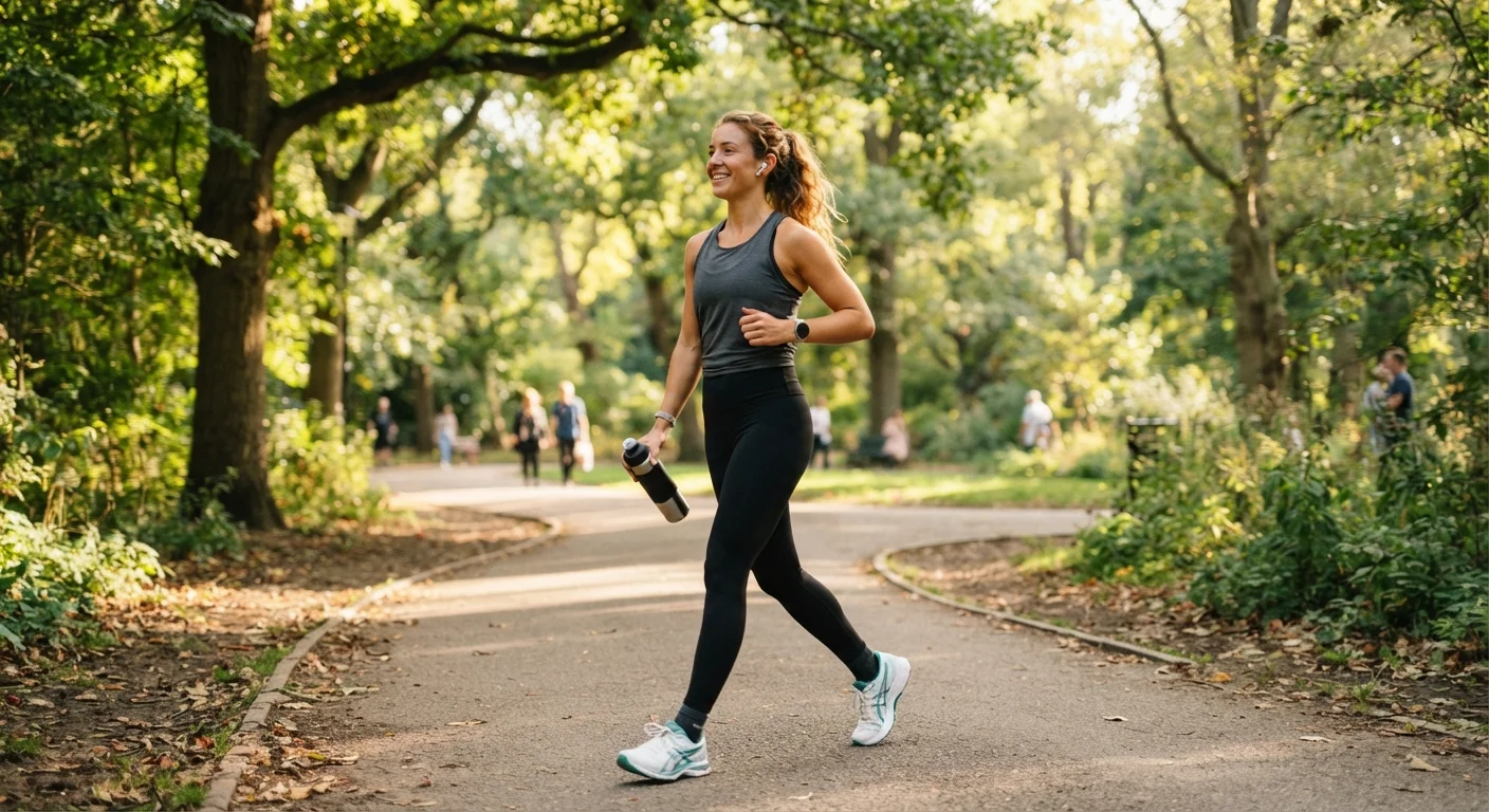 A person walking briskly along a tree-lined park path on a sunny day