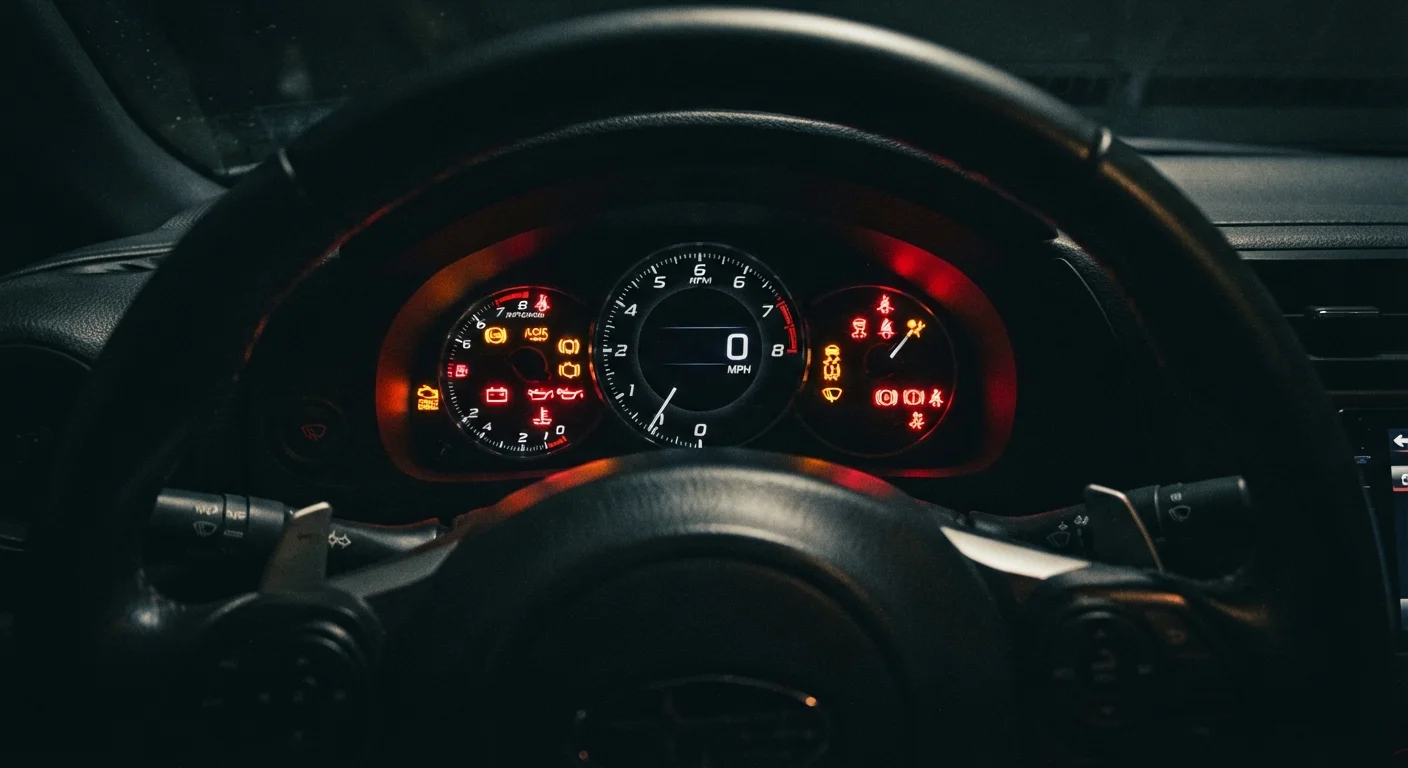 Car dashboard lit up with multiple warning indicator lights glowing in the dark.