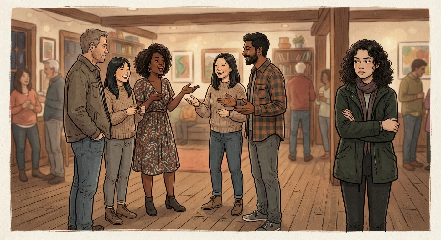 A group of people socializing closely while one person stands on the periphery observing.