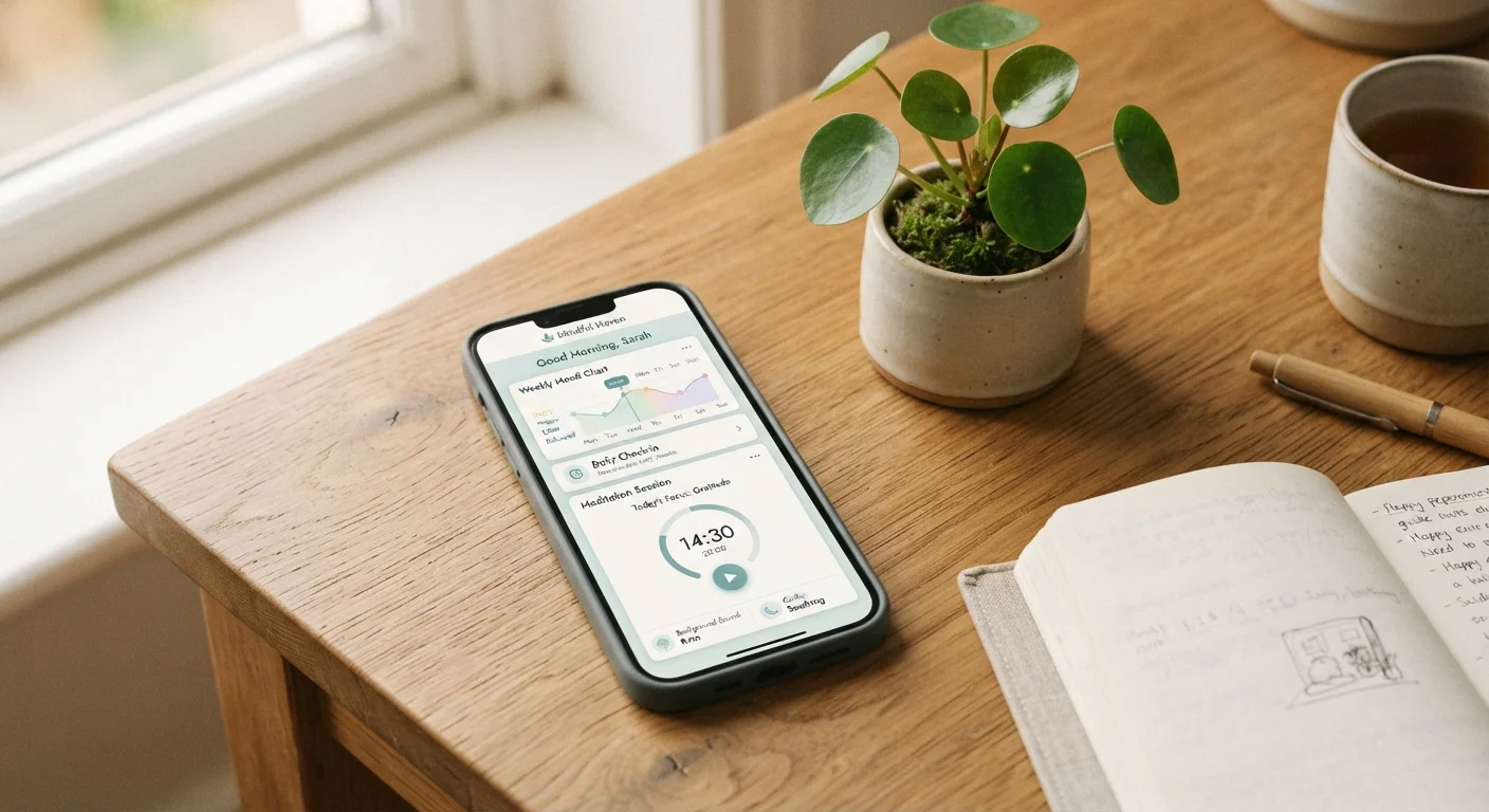 Smartphone showing a mental wellness app with mood tracking and meditation features on a desk.