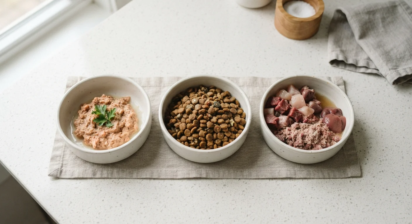 Three bowls showing wet cat food, dry kibble, and raw meat diet options side by side