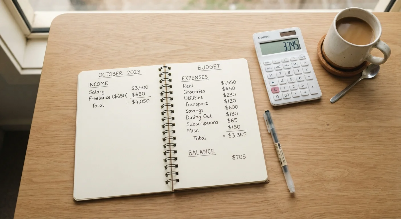 A notebook with a handwritten monthly budget, calculator, and coffee mug on a wooden desk