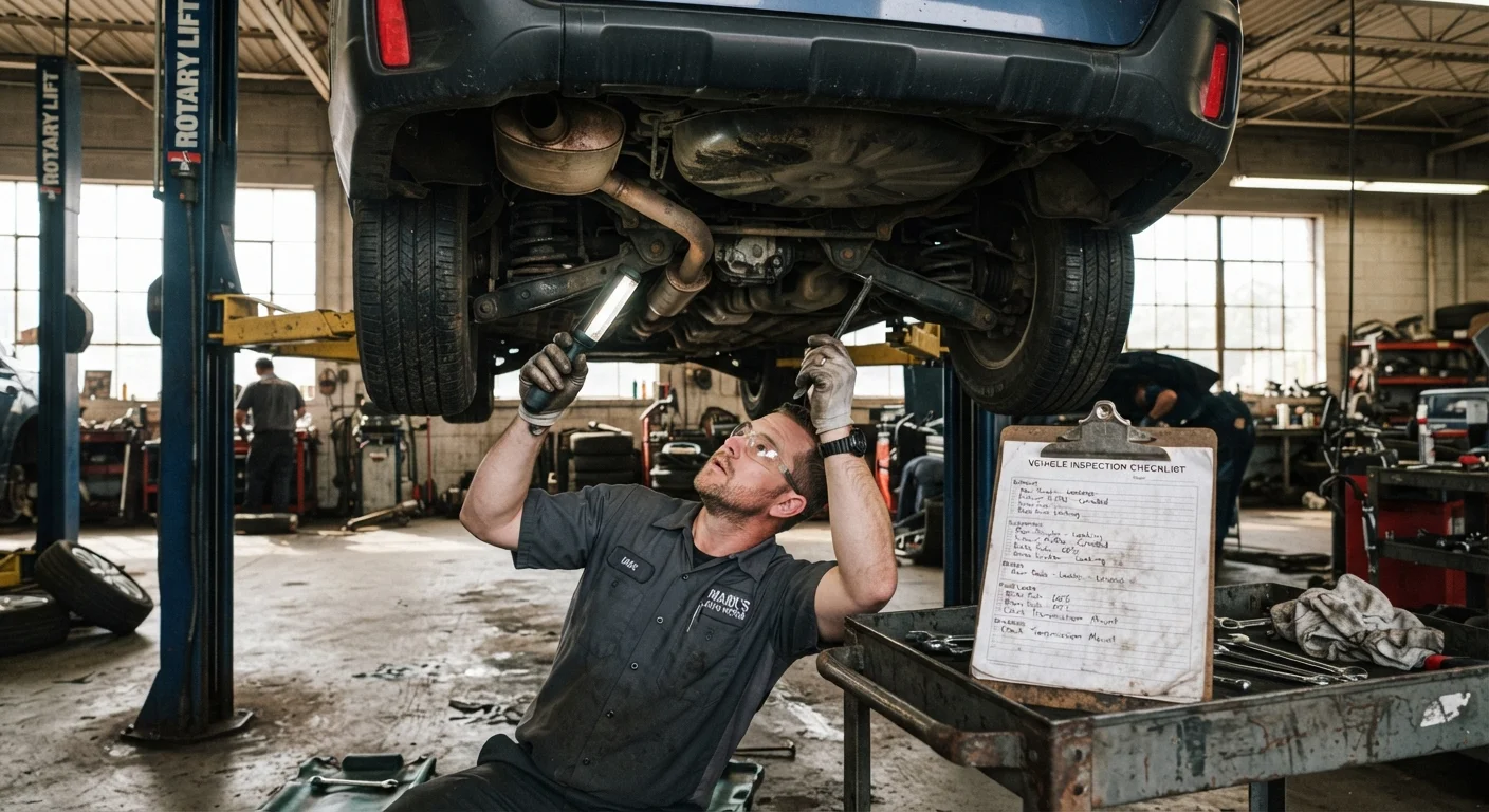 Mechanic inspecting the undercarriage of a used car on a hydraulic lift in a garage
