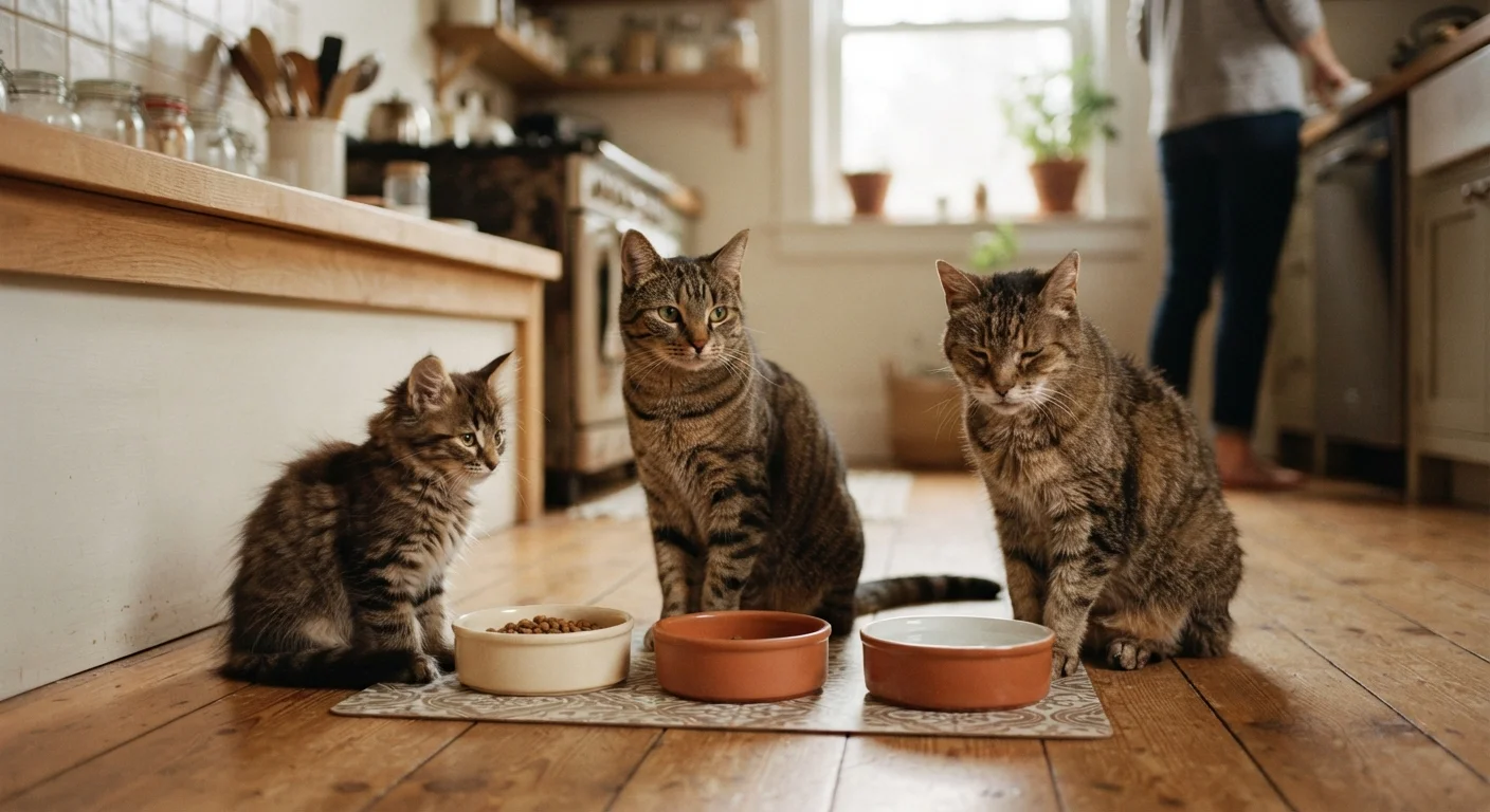 Three cats representing kitten, adult, and senior life stages sitting near food bowls indoors