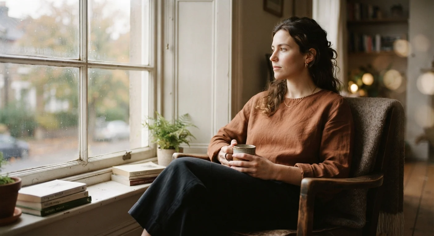 Person sitting by a window with a calm, reflective expression, soft natural light