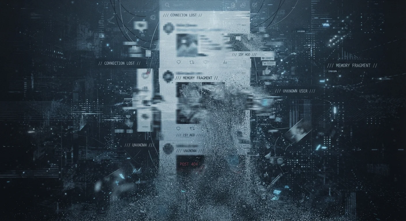 A glitching, fading social media interface dissolving into digital static, representing platform shutdown