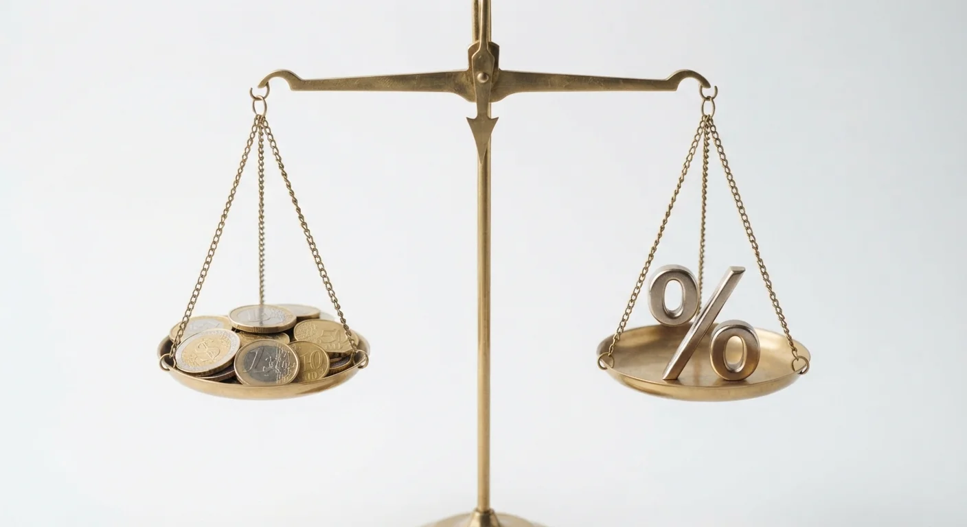 A balance scale weighing coins against a percentage symbol representing investment fees