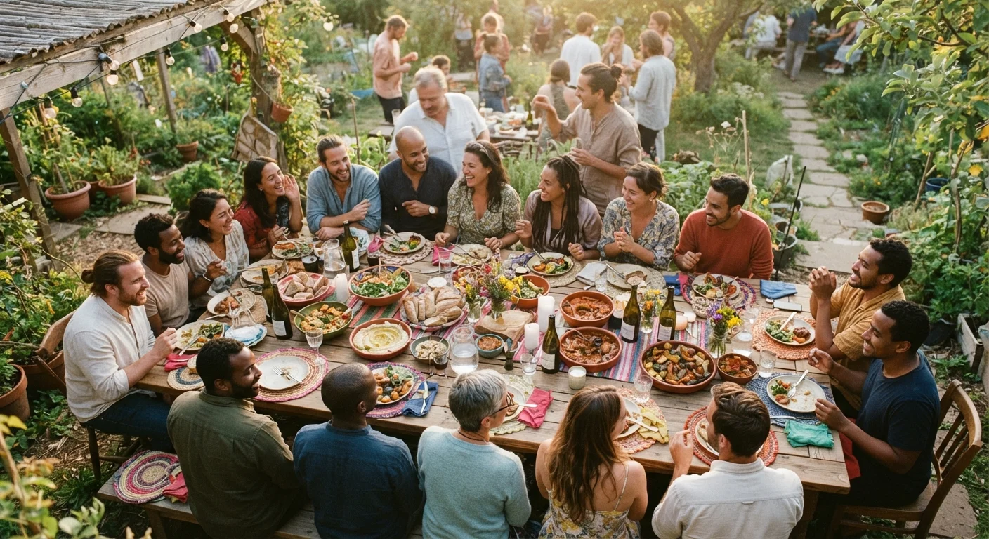 Diverse group of people laughing and sharing a meal together at an outdoor communal table